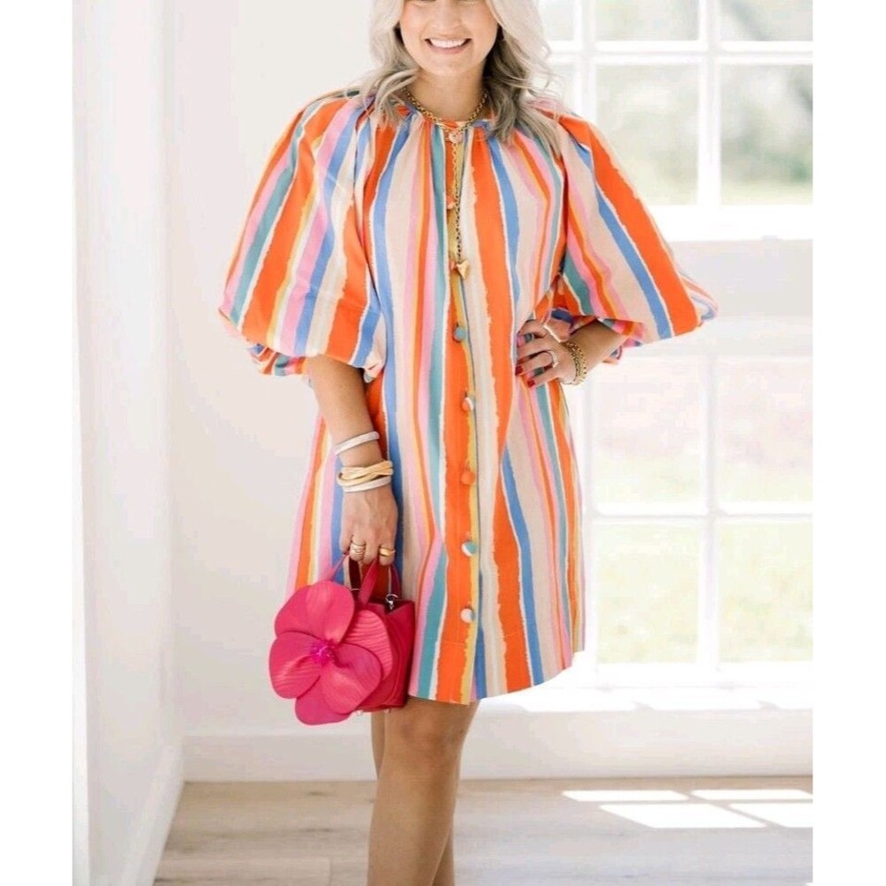 FATE Rainbow Stripe Balloon Sleeve A-line Dress Cotton Mini S Colorful Boho Fun